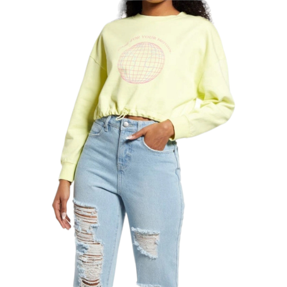 BP Sweater Women Large Care for Your Mother Earth Organic Cotton Crop Yellow NEW